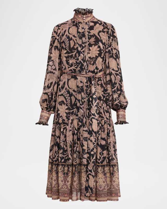 Moses Pintuck Floral-Print Midi Dress